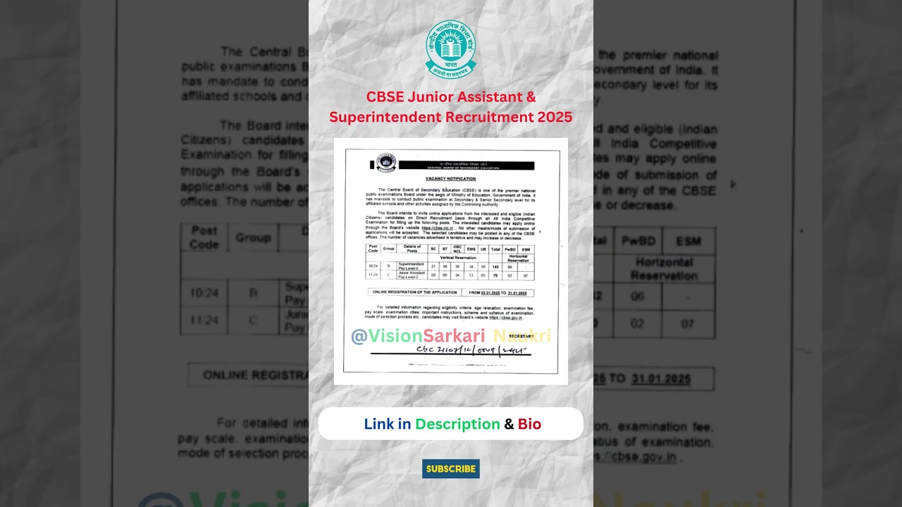 CBSE Junior Assistant & Superintendent Recruitment 2025 #shorts #cbse #superintendent#govtjobs #job