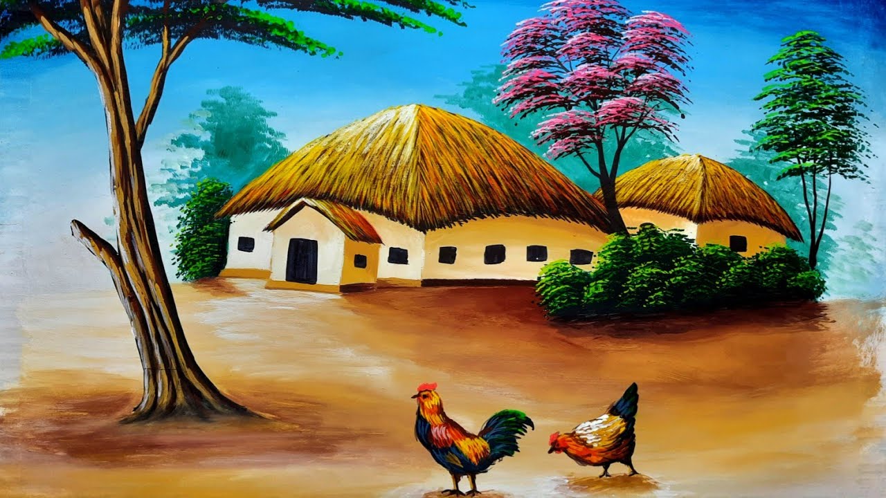 Indian Village nature drawing painting | village house painting