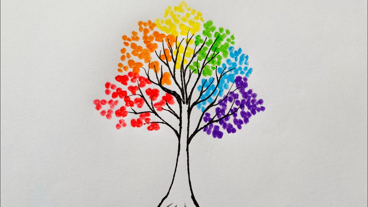 How To Draw Tree 🌳/ Beautiful Rainbow Tree Drawing / Tree Drawing With Pencil Colour