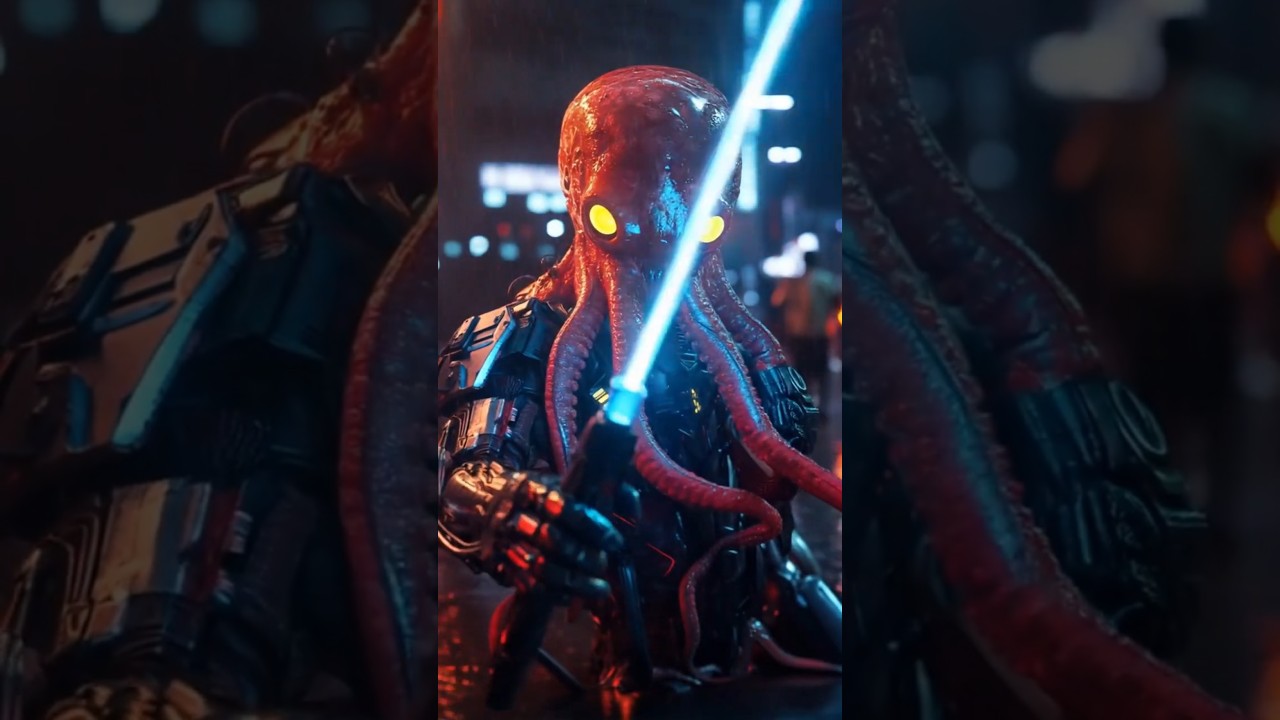 A small octopus in a cyberpunk city  #animalfables #fable #cyberpunk