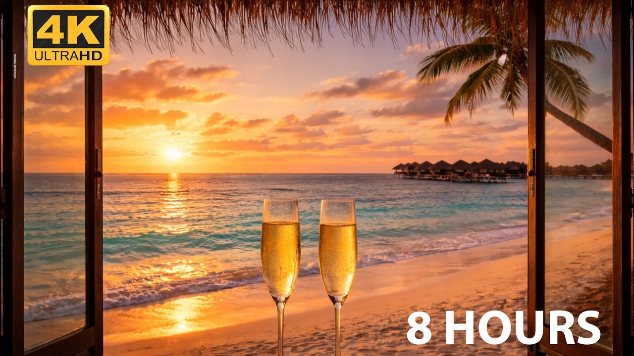 Romantic Maldives Sunset 🍾 Ocean Waves & Luxury Beach View • 8 Hours 4K Ultra HD