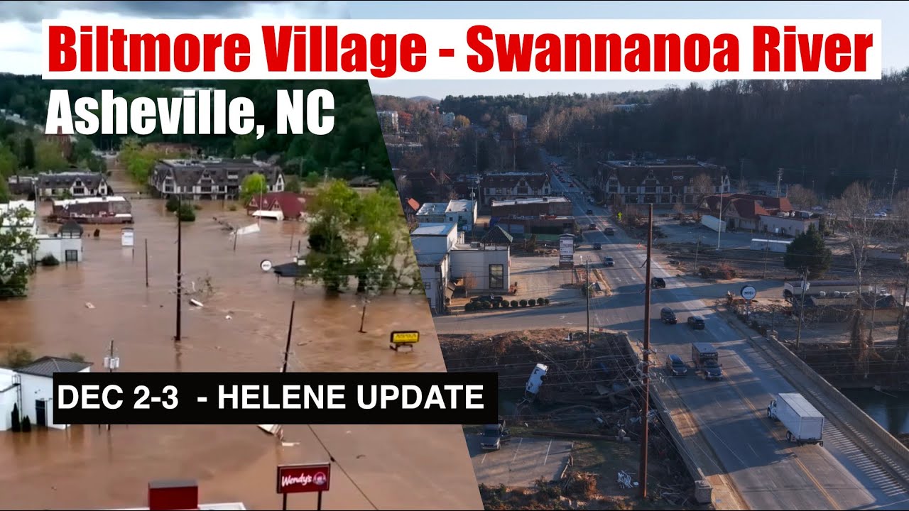 Helene Impact Update Dec 2 & 3 - Biltmore Village, Asheville, North Carolina, Swannanoa River.