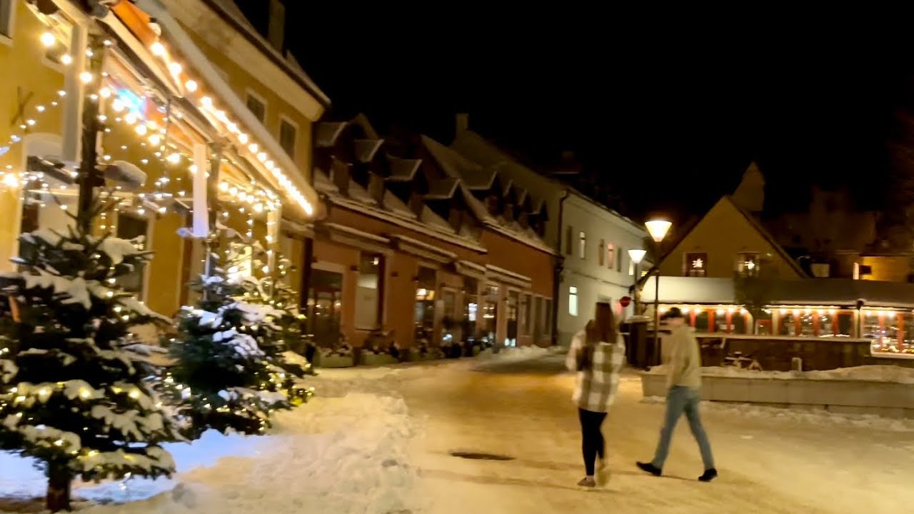 Sweden Walks: Visby. Beautiful winter walk in medieval world heritage town decorated for Christmas