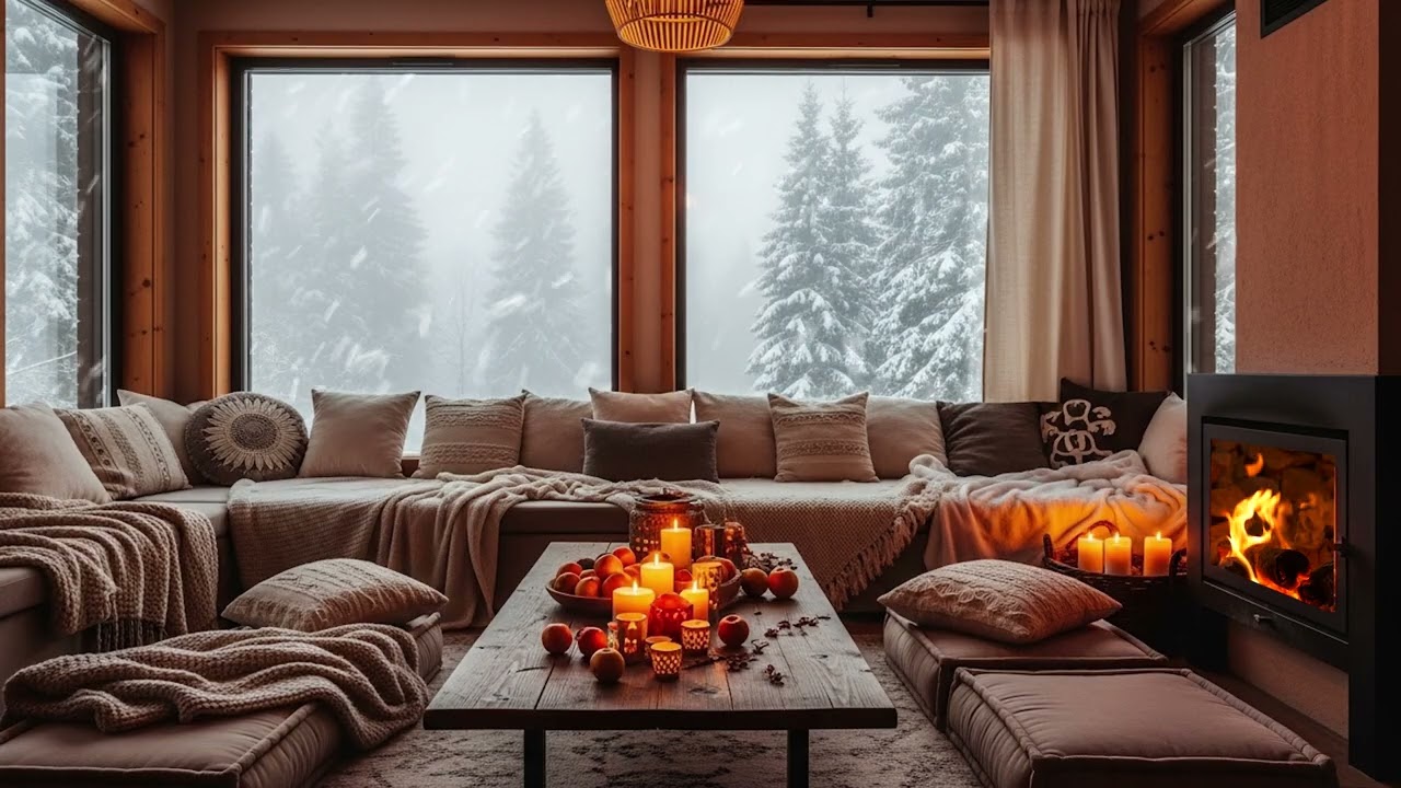 Snowy Mountain Cabin Fireplace 4K ❄️🔥 | Piano Background Music for Productivity