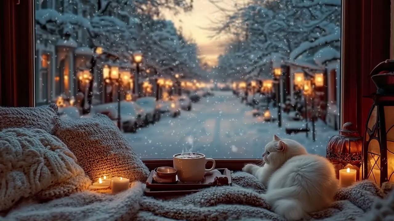🐈 White Cat & Soft Piano | Snowy Winter Cabin for 3 Hours | Anxiety Relief Study Focus Relax Healing