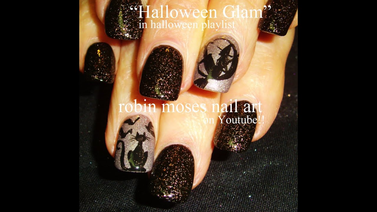 Black Cat Nails and Witch in a moon nail art tutorial design!