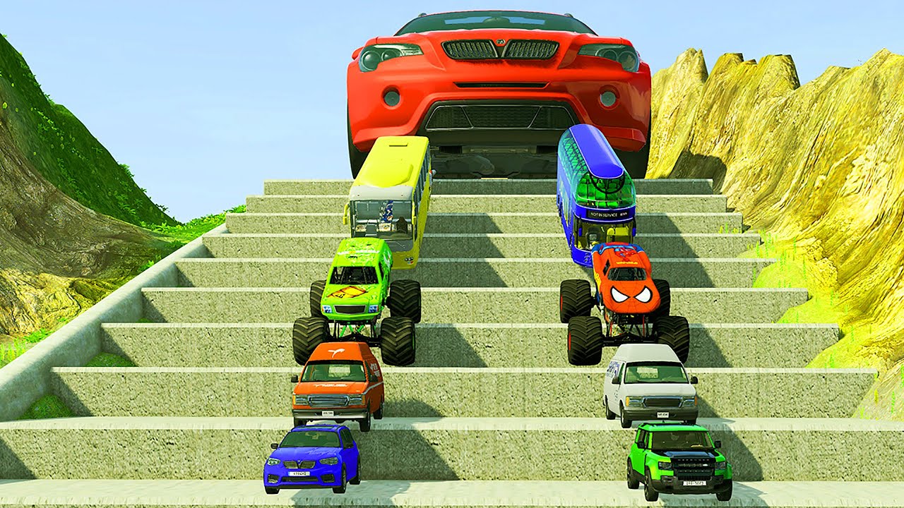HT Gameplay Crash # 988 | Monster Trucks vs Speed Bumps - Transporting Cars with Giant Deep Water