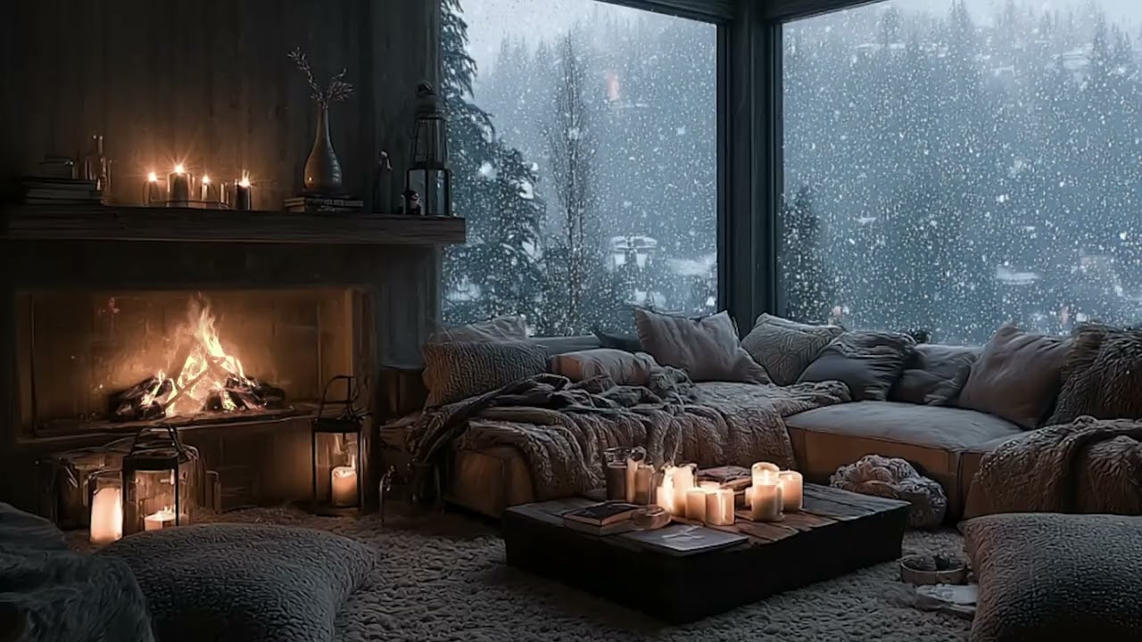 Fireplace by the Window While Snow Falls | Relaxing Winter Sounds