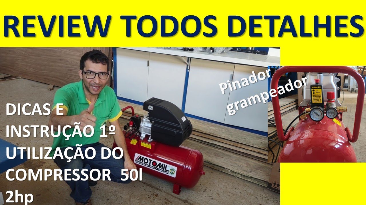 Ligando compressor motomil 50 litros  pela primeira vez dica top, instruções pinador e grampeador