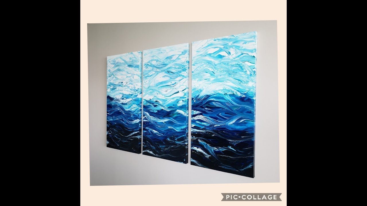 (3) Large Canvas Ocean Pour - Acrylic Pouring / Fluid Art / Triptych - Part 1