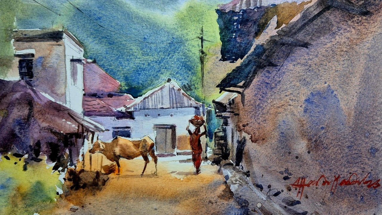 Indian village street watercolor painting | village life scenery easy landscape tutorial