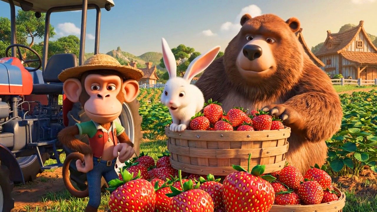 Monkey Day on the Farm Farmer Drives Tractor & Harvests Strawberries | Funny Farm Cartoon