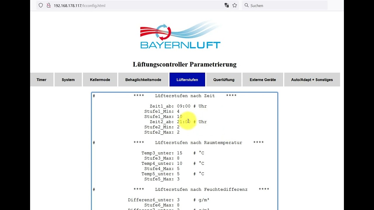 Einstellungen beim neuen BAYERNLÜFTER mit Platine Rev. 2.0 via WLAN anpassen