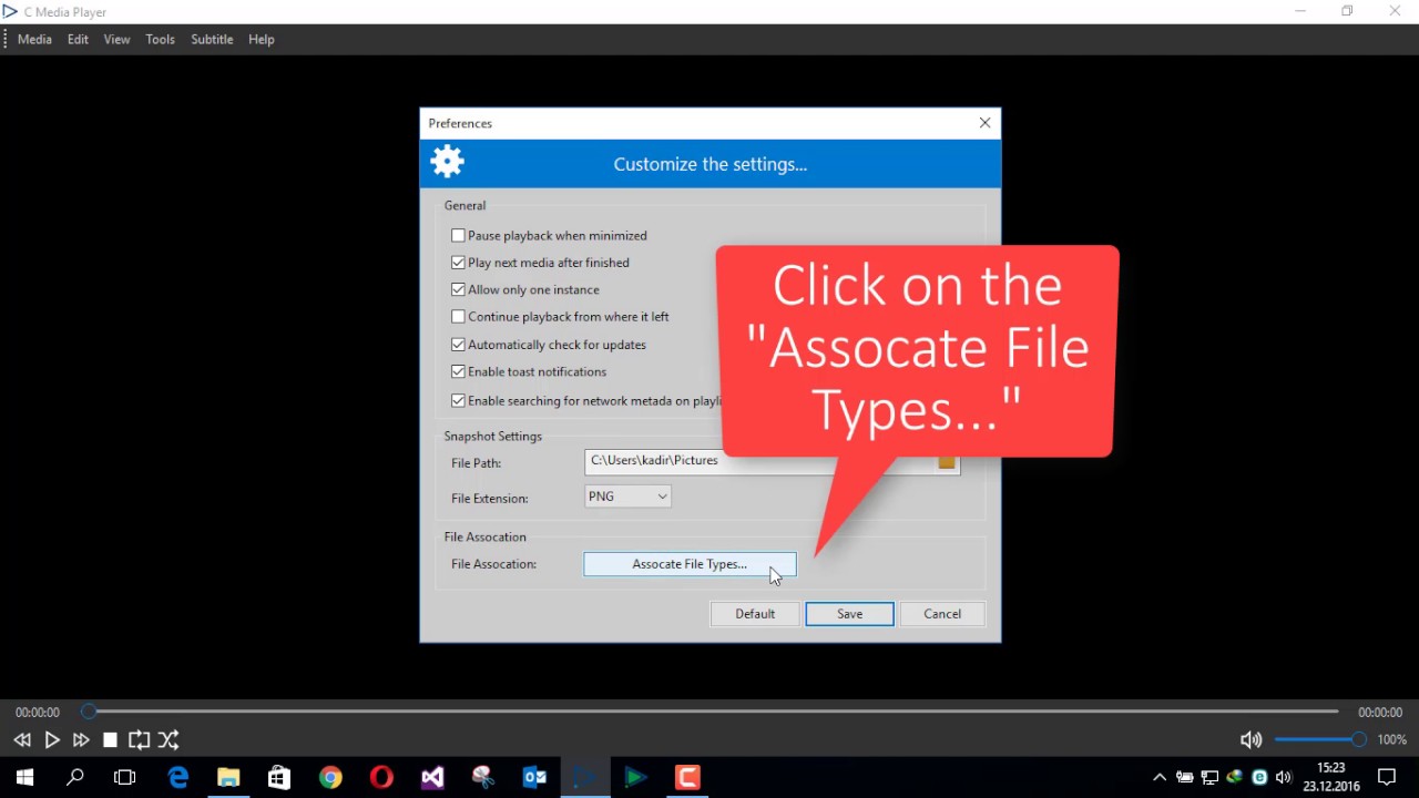 How do I associate media file types with C Media Player?