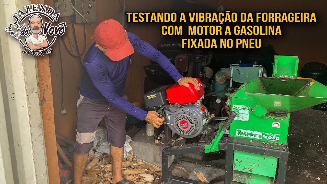 Testando a vibração da forrageira TRAPP com motor a gasolina da Branco fixada no pneu