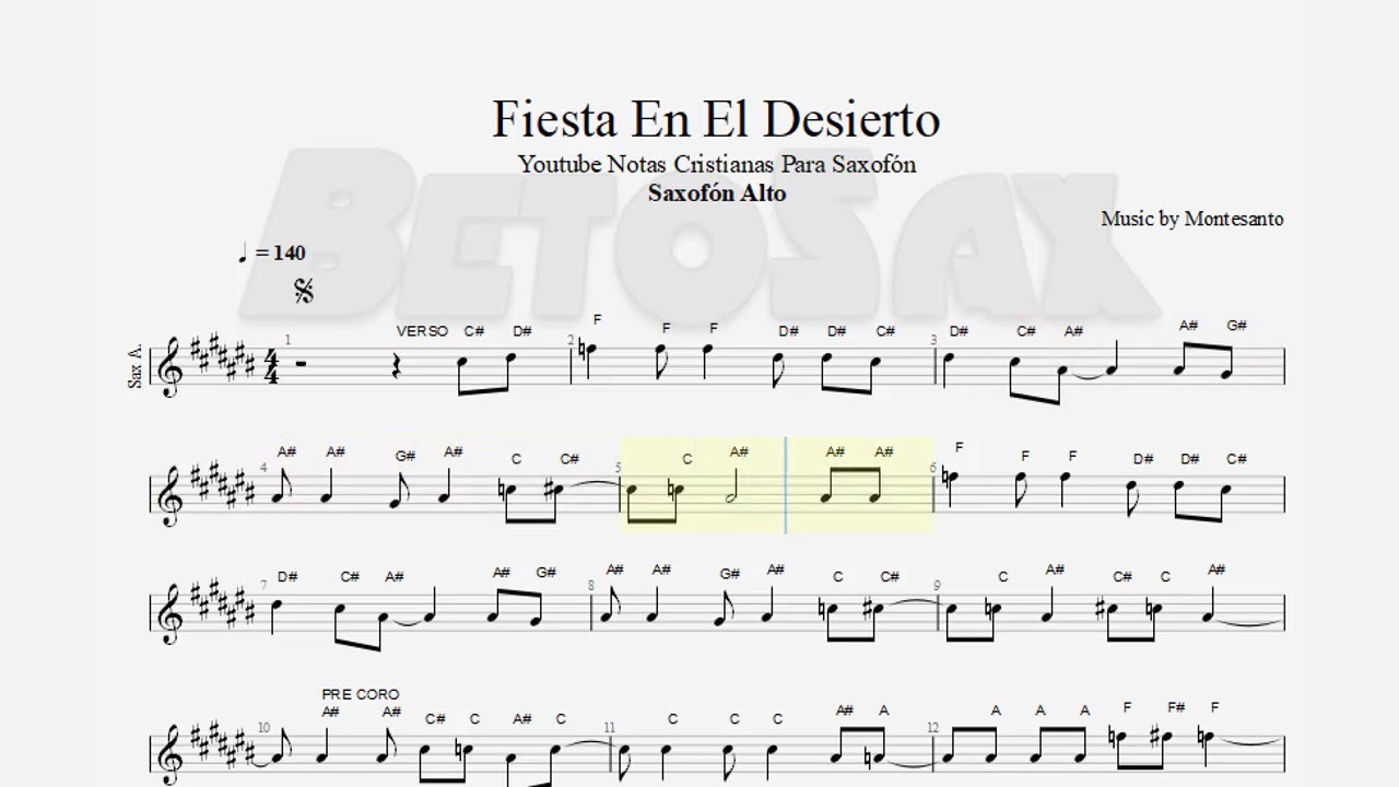 Fiesta En El Desierto, Monte Santo, Saxofón Alto, Partitura, Cifrado, Notas, Tutorial