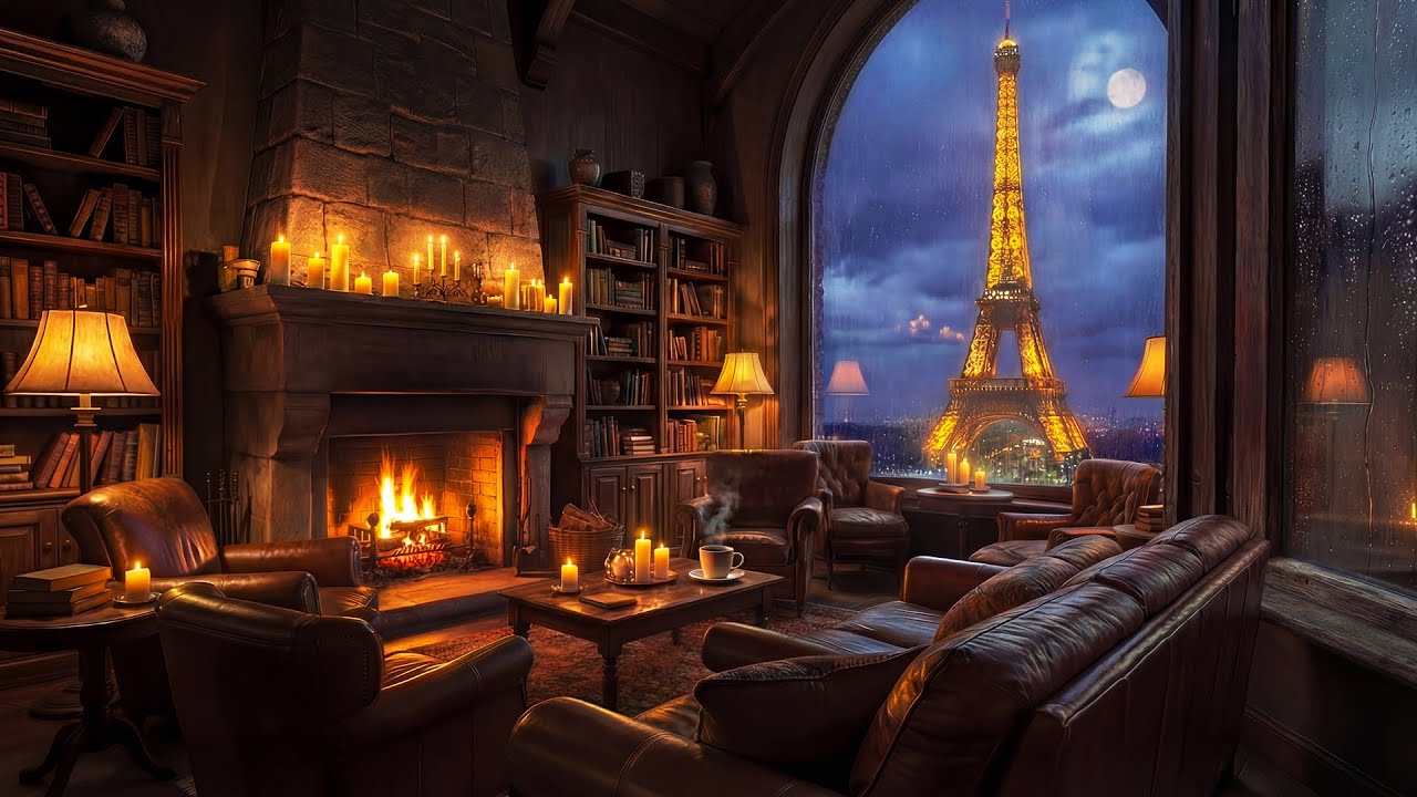 Cozy Paris Lounge with Soft Jazz and Fireplace for Focus & Chill