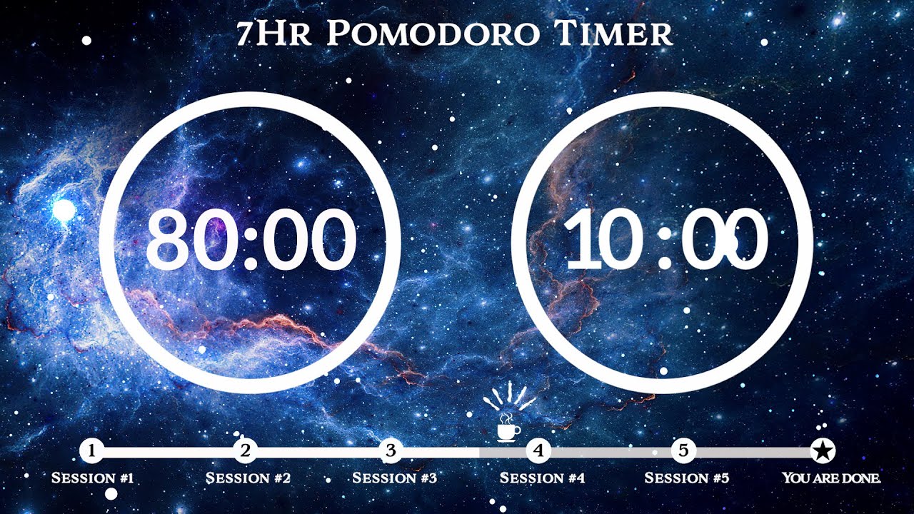 80 Minute Pomodoro Timer  📖 Focus White Noise (백색소음) 📚7-Hour Study ⏱Pomodoro 80/10, 80 min x 5 sets