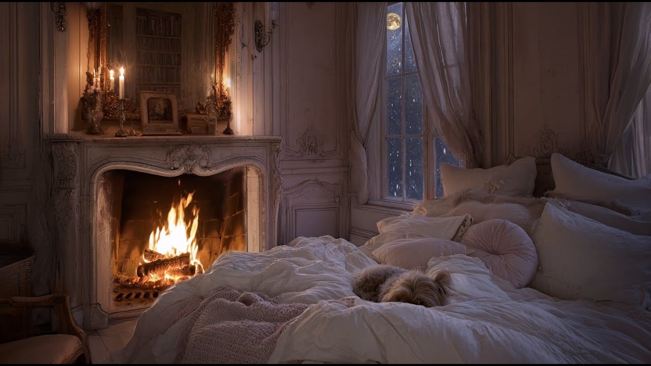 A Chic Paris Apartment with Falling Snow / Moon Light in France / Cozy Fire Ambience