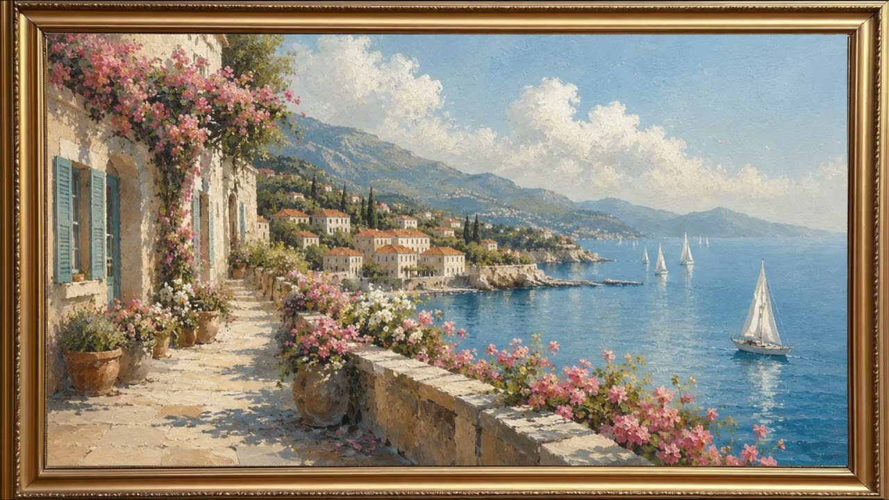 Mediterranean Terrace in Bloom | 4 Hour Relaxing Coastal TV Art Screensaver | 4K Framed Oil Painting