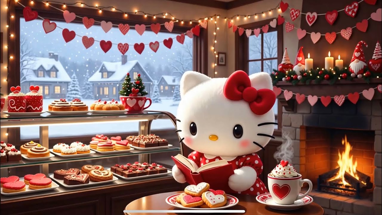 Hello Kitty Valentine’s Bakery Ambience ☕❄️ Cozy Winter Café | Relaxing Fireplace & Snowfall 