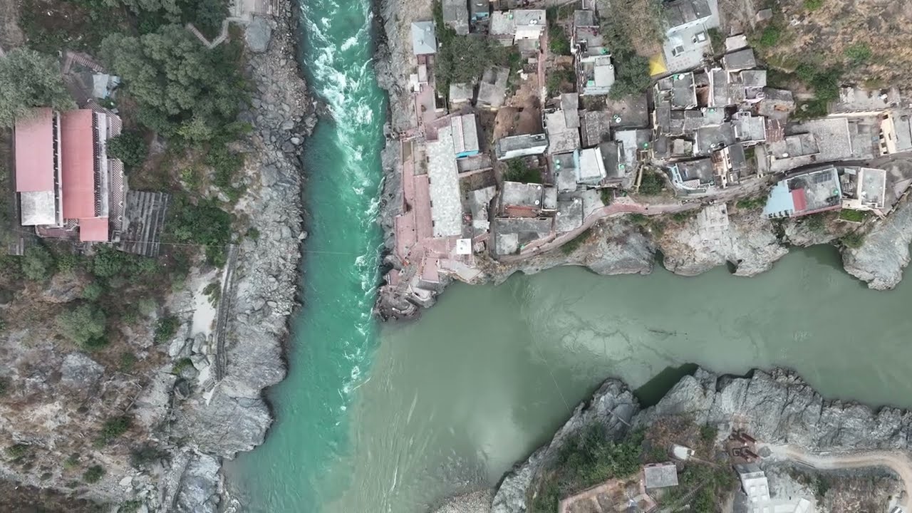 Devprayag Sangam &ndash; Where Alaknanda Meets Bhagirathi | Stunning Drone View #Devprayag #Sangam #Ganga