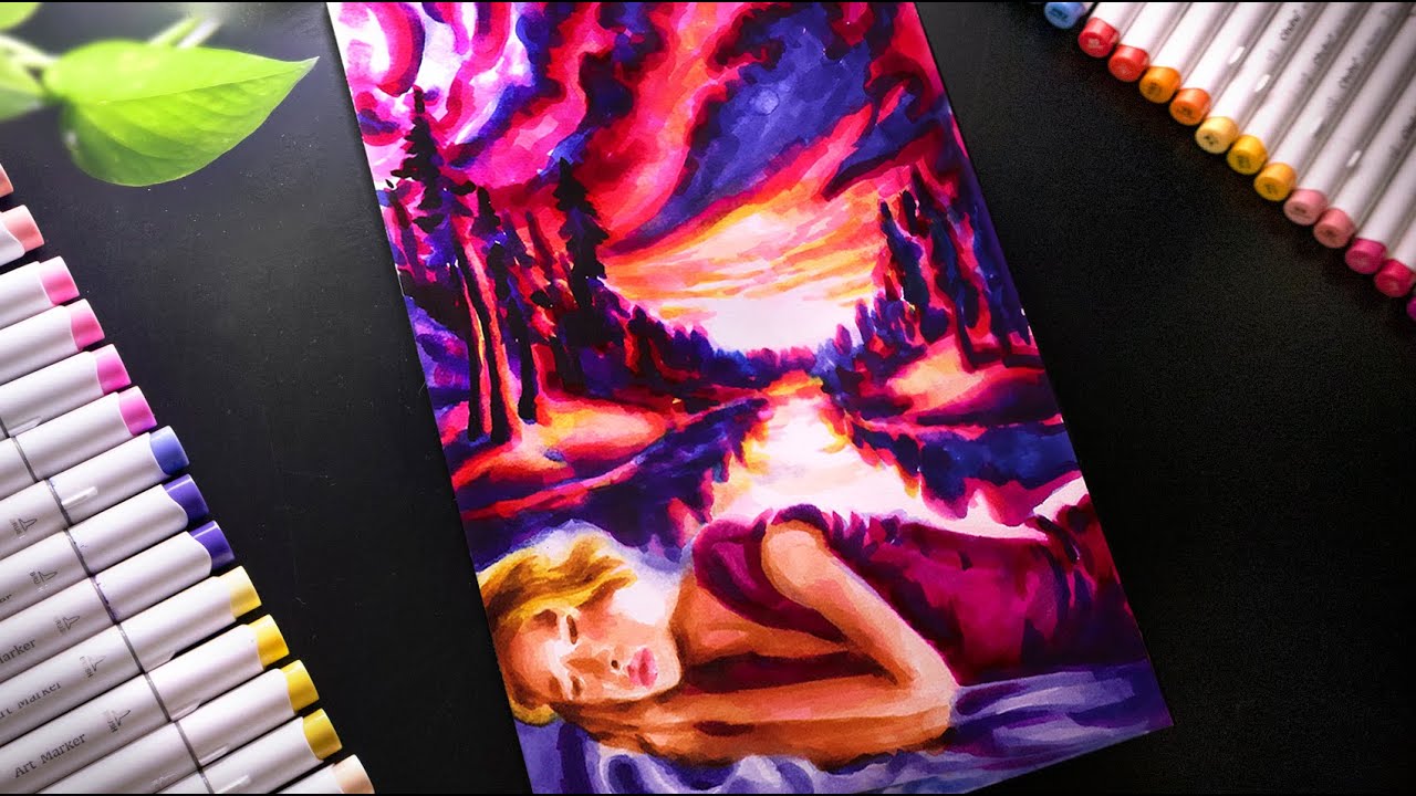 ASMR Landscape Drawing with Ohuhu Markers - No Talking
