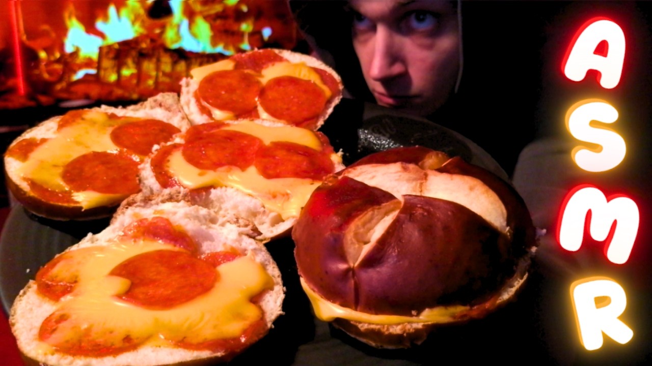 ASMR Eating Pretzel Bread Cheese Pepperoni Pizza Sandwiches