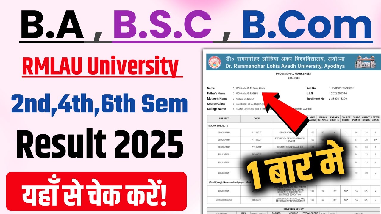 RMLAU University Result 2025 &ndash; BA, B.Sc, B.Com 2nd 4th 6th Sem Result Check from Mobile
