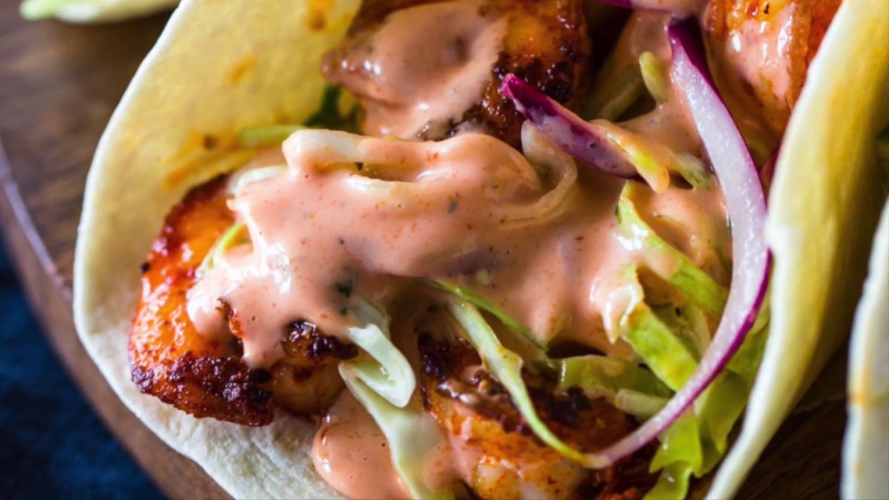 Spicy Shrimp Tacos with Creamy Sriracha Sauce & Cilantro Lime Slaw