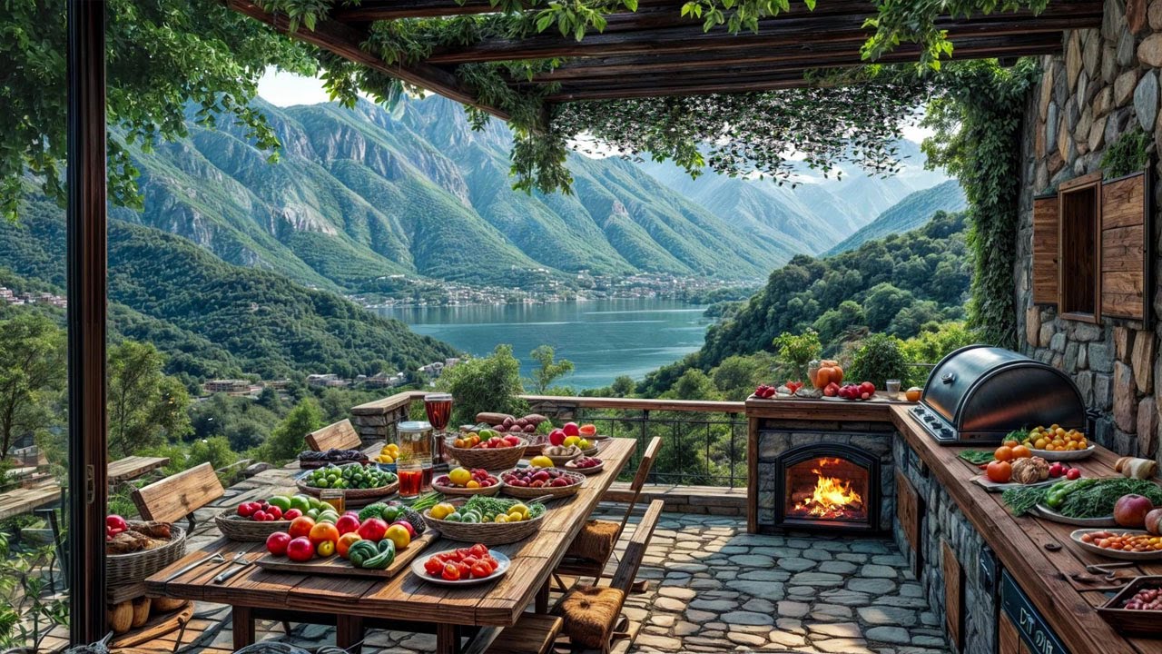 🍇 Mountain Garden Feast | Relaxing Nature Sounds, Fireplace Ambience & Peaceful Mindfulness 🌿🔥