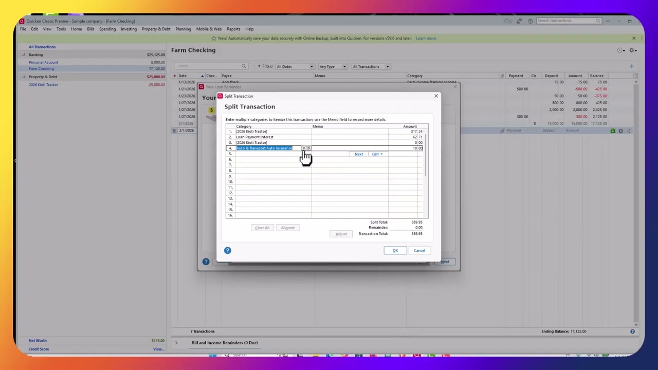 Adding a loan and asset account in Quicken