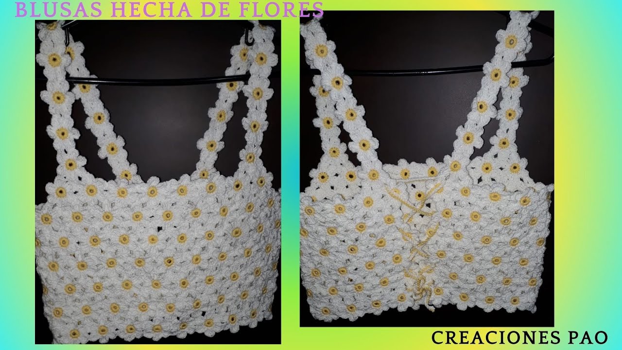 COMO HACER BLUSA CON FLORES MARGARITA/A CROCHET/CREACIONES PAO