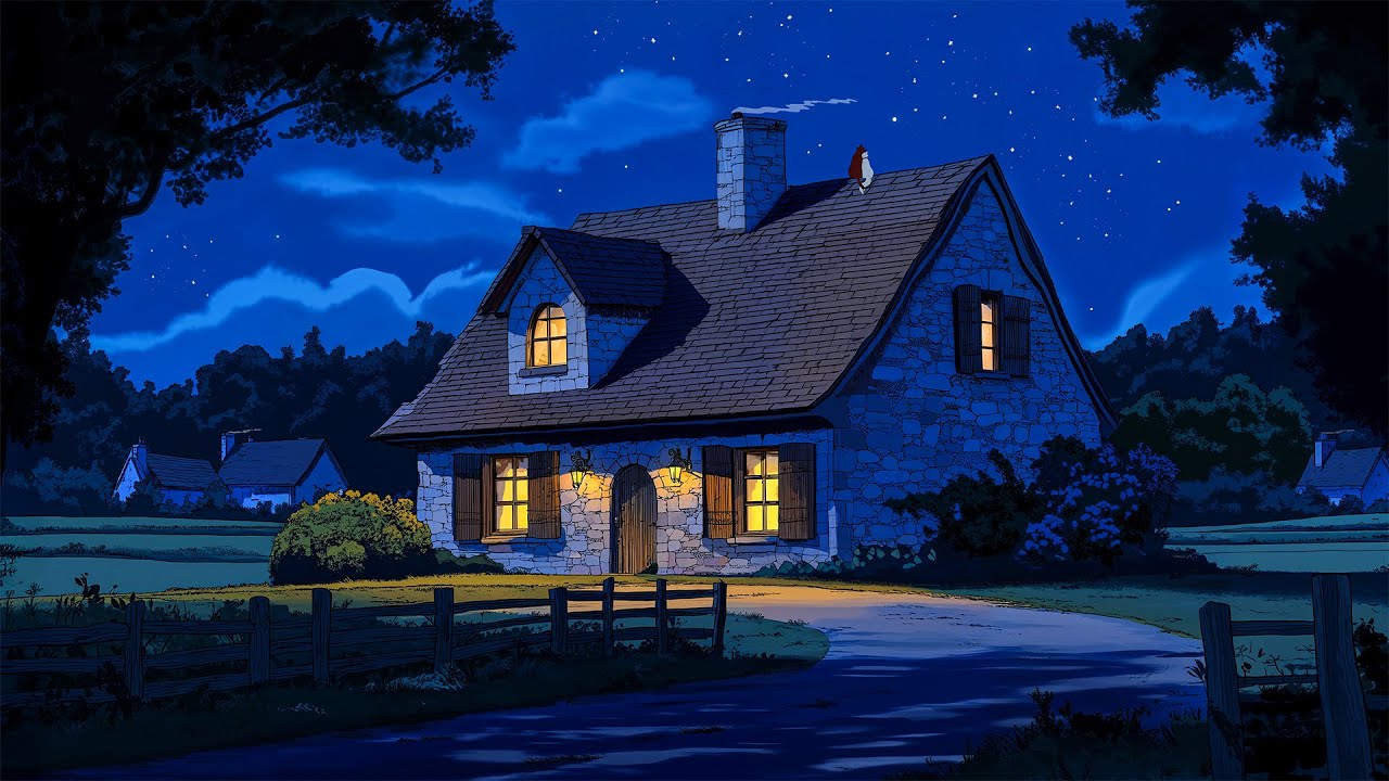 soft night in a 1930s countryside with oldies playing in another room for relax (cricket sounds)