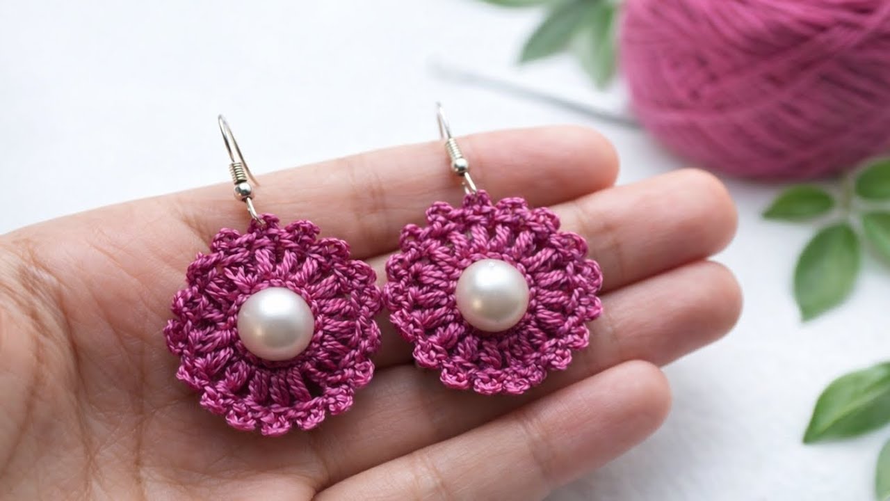 Beautiful crochet floral earrings with pearl in center ✨️ 😍 