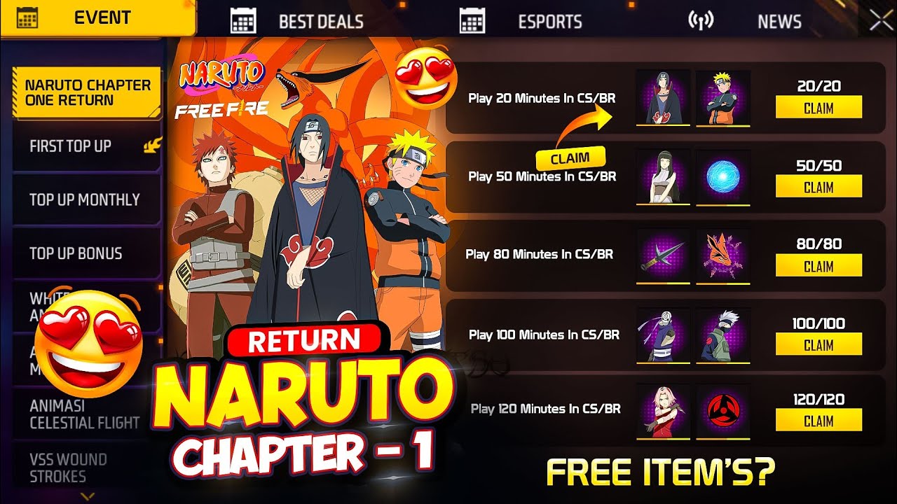 🔥NARUTO CHAPTER 1🤩RETURN FREE FIRE || FREE FIRE  NEW EVENT || FREE FIRE NARUTO COLLAB || BOOMGAMINGF