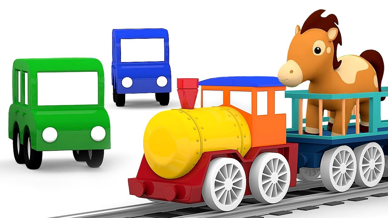Os quatro carros coloridos montam um trem para os animais da fazenda! Desenho animado infantil