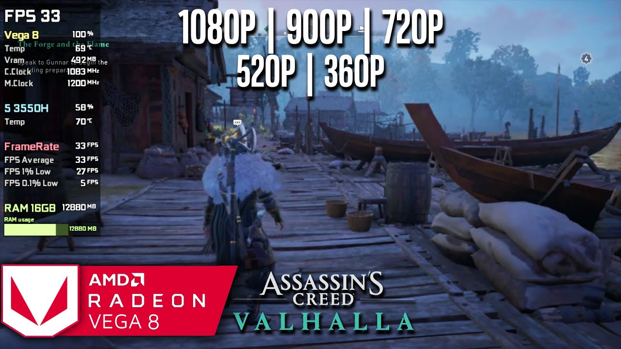 Vega 8 | Assassin's Creed Valhalla - 1080p, 900p, 720p, 540p, 360p