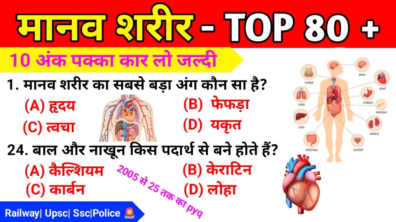 मानव शरीर Gk Questions || Human Body Important Questions / For Gov. Exams SSC , RRB , Upsc exams
