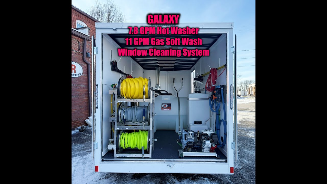 GALAXY 16’ Enclosed Mobile Wash Trailer: 7.8 GPM Hot Water, Gas Soft Wash, & Window Cleaning System