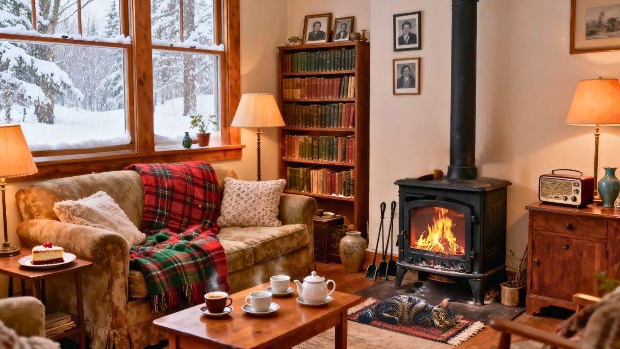 Peaceful 1950s Winter Morning ❄️ Oldies Playing in Another Room | Vintage Fireplace Crackle