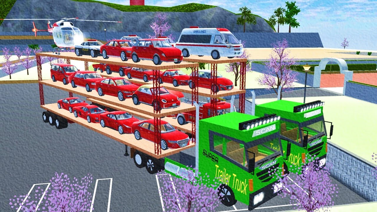 Double Truck Trailer Flatbed Three-Decker Red Car Transporter & Police Car || SAKURA 🚗🛻🚒🚁