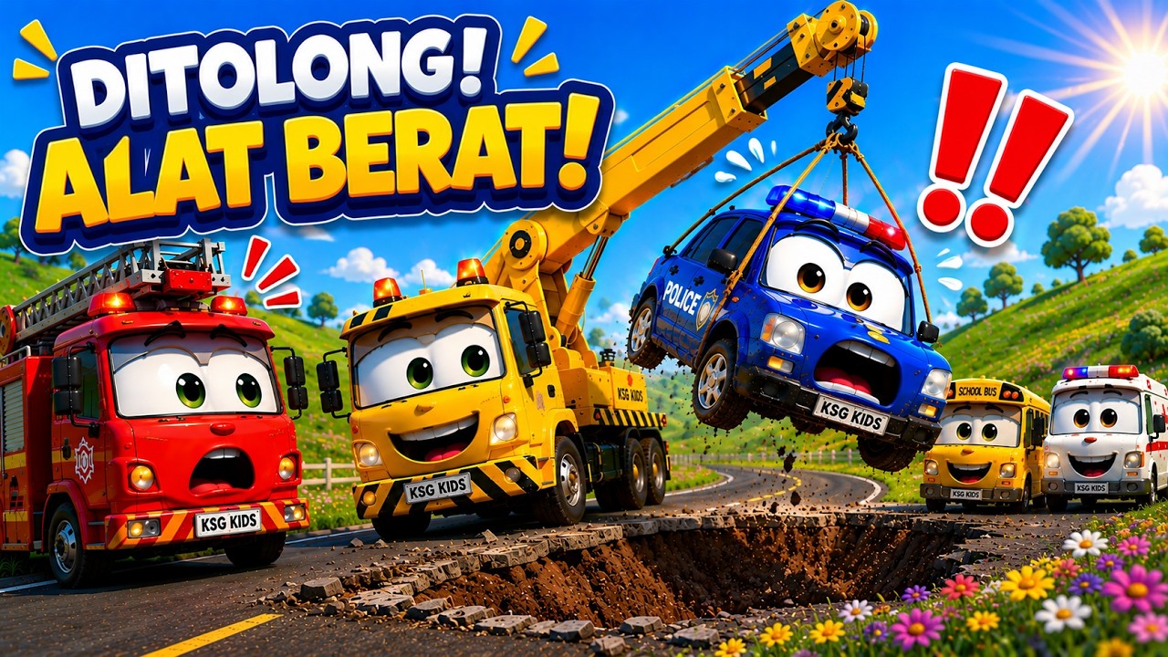 🎵 Mobil Polisi, Pemadam & Bus Sekolah Ditolong Alat Berat! Lagu Anak Kendaraan Lucu 🚓