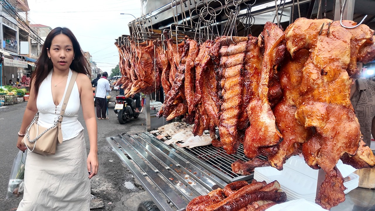 Best Cambodian street food - Walking Tour at Olympic Market in Phnom Penh, Tasty Yummy Roasted Pork