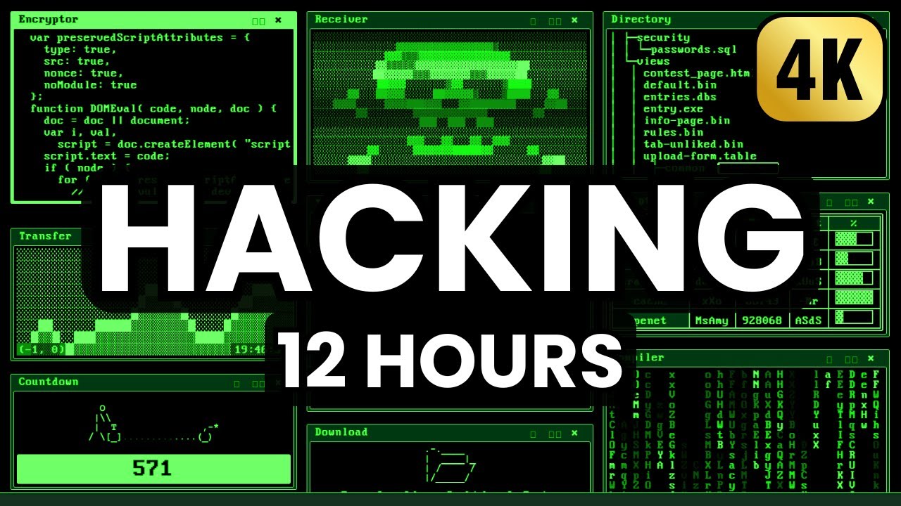Retro Hacker Simulator 12 Hours (4K Ultra HD) - No loop, no ads in middle | Hacking Screensaver