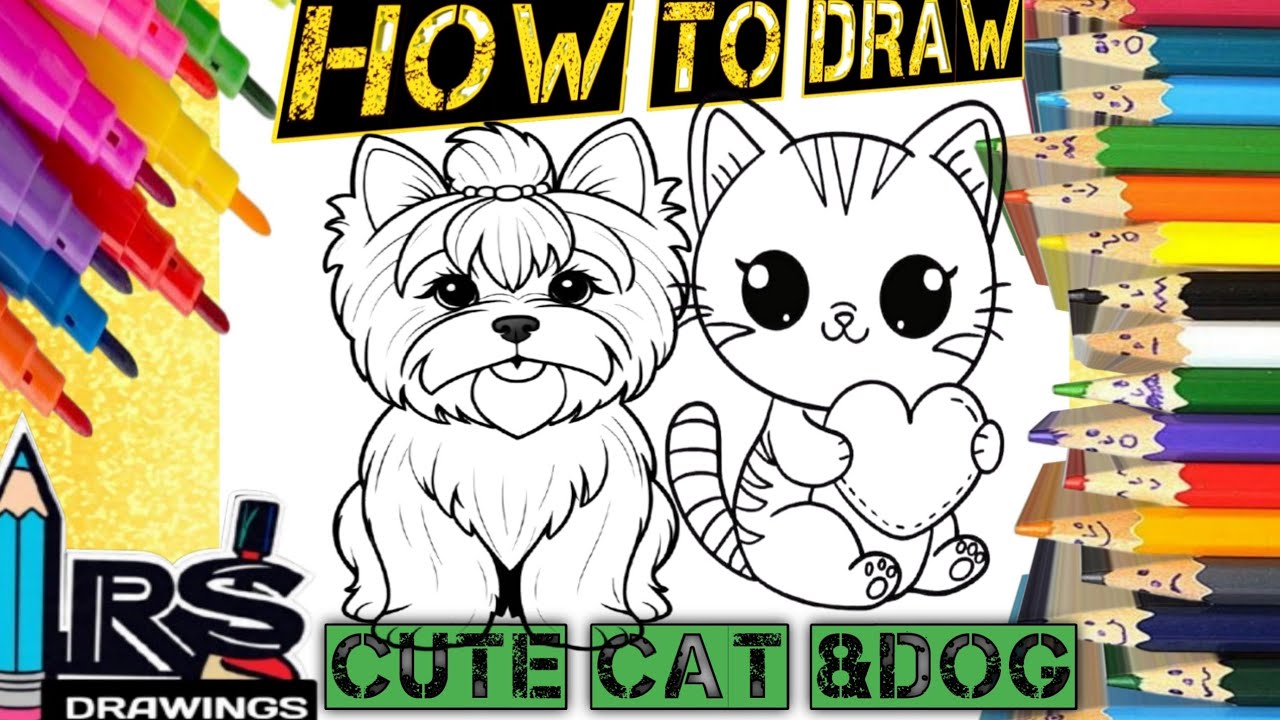 How to draw a cute cat &dog drawing painting &coloring for kids&toddlers|cat drawing|dog drawing