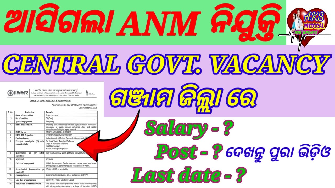 ଆସିଗଲା ANM ନିଯୁକ୍ତି // IISER Central Govt. Vacancy ଗଞ୍ଜାମ ଜିଲ୍ଲା ରେ // AKS MEDICAL JOB UPDATE 