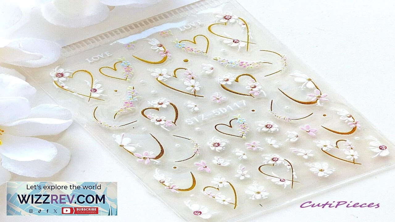 Nail Art Stickers 5D Gold Hearts White Pink Flowers Daisy French Tip