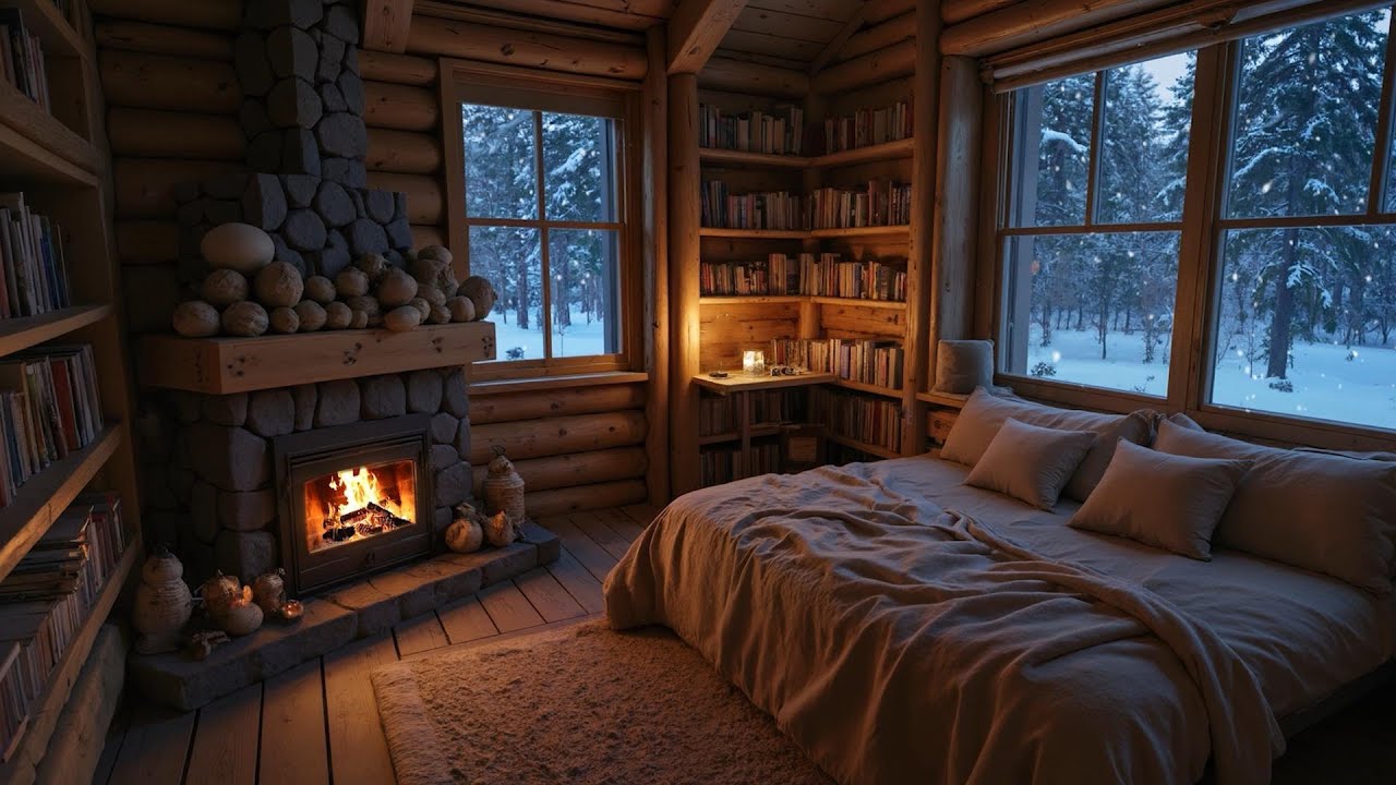 Cozy Winter Cabin |🔥Crackling Fireplace | ❄️Snowy Forest View