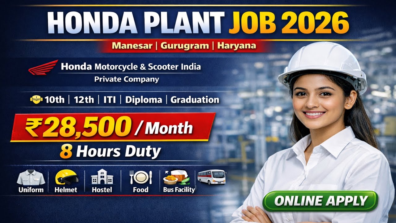 HONDA PLANT MANESAR GURUGRAM HARYANA JOB VACANCY 2026 | Honda Private Company Jobs Vacancy 2026